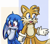 Size: 1375x1217 | Tagged: safe, artist:josefinago97, kit the fennec, miles "tails" prower, 2023, abstract background, blushing, duo, fangs, gay, holding hands, kit x tails, looking down, looking offscreen, male, mouth open, no mouth, open smile, shipping, shy, smile, standing