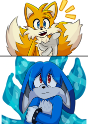 Size: 1414x2000 | Tagged: safe, artist:josefinago97, kit the fennec, miles "tails" prower, 2022, clenched fist, duo, frown, hand-out, looking at each other, males only, mouth open, nervous, panels, simple background, white background