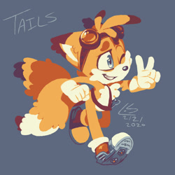 Size: 1280x1280 | Tagged: safe, artist:ghost-of-hooxie, miles "tails" prower, 2020, blue background, character name, clenched fist, clenched teeth, colored ears, english text, goggles on head, lineless, looking offscreen, no outlines, signature, simple background, smile, solo, sonic boom (tv), v sign, walking, wink