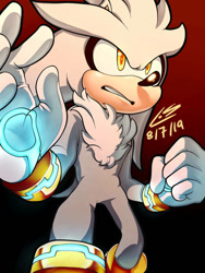 Size: 774x1032 | Tagged: safe, artist:ghost-of-hooxie, silver the hedgehog, 2019, chest fluff, clenched fist, clenched teeth, close-up, gradient background, looking offscreen, male, neck fluff, signature, solo, standing