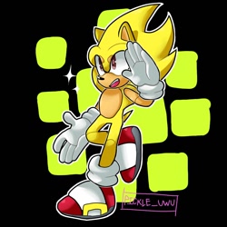 Size: 1080x1080 | Tagged: safe, artist:pickleuwu, sonic the hedgehog, super sonic, 2019, abstract background, looking up, mouth open, one fang, salute, signature, solo, sparkles, standing on one leg, super form