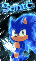 Size: 1080x1836 | Tagged: safe, artist:heyqwq, sonic the hedgehog, sonic the hedgehog (2020), 2019, abstract background, character name, cheek fluff, chest fluff, ear fluff, electricity, english text, looking at viewer, male, poster, signature, smile, solo, standing, v sign