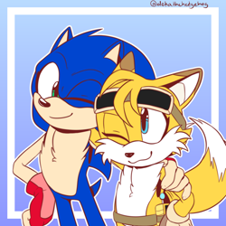 Size: 3070x3070 | Tagged: safe, artist:galaxy-pop, miles "tails" prower, sonic the hedgehog, 2020, :3, abstract background, arm around shoulders, belt, brothers, chest fluff, colored ears, duo, eyelashes, fingerless gloves, floppy ears, goggles on head, hand on hip, looking at each other, male, males only, miles electric, modern sonic, modern tails, redesign, smile, standing, wink