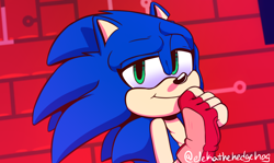 Size: 2000x1188 | Tagged: safe, artist:galaxy-pop, sonic the hedgehog, sonic mania adventures, 2020, abstract background, chest fluff, fingerless gloves, lidded eyes, looking back at viewer, male, meme, meme redraw, modern sonic, raised eyebrow, smile, smug, solo