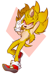 Size: 2889x4225 | Tagged: safe, artist:chaoseclips, sonic the hedgehog, 2020, abstract background, chest fluff, ear fluff, fleetway super sonic, fluffy, hand behind head, looking at viewer, male, shoulder fluff, smile, solo, super form, torn gloves, torn socks, v sign