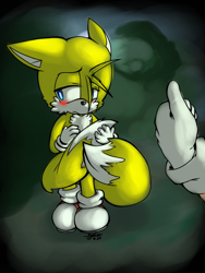Size: 768x1024 | Tagged: safe, artist:mcsfan, miles "tails" prower, sonic the hedgehog, 2020, abstract background, blushing, duo, floppy ears, frown, holding tail, insecure, lidded eyes, looking away, male, males only, offscreen character, shy, signature, solo focus, standing, thumbs up, wrapped in tails