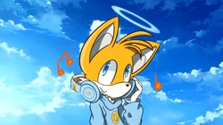 Size: 1280x718 | Tagged: safe, artist:raxeno, artist:trapprojectindo, miles "tails" prower, 2020, chest fluff, clouds, halo, headphones, hoodie, looking up, male, musical notes, outdoors, ring, smile, solo