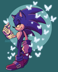Size: 807x990 | Tagged: safe, artist:smugslothart, sonic the hedgehog, 2020, abstract background, ambiguous gender, butterfly, clenched fist, glowing, lidded eyes, literal animal, looking at something, male, smile, solo, solo focus, walking