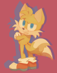 Size: 984x1261 | Tagged: safe, artist:erizmatt, miles "tails" prower, 2020, arms folded, chest fluff, chibi, child, gloves, looking at viewer, looking back at viewer, male, red background, shoes, simple background, smile, socks, solo, standing