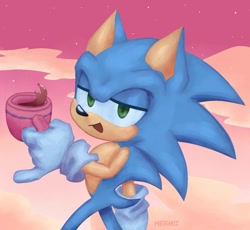 Size: 1200x1103 | Tagged: safe, artist:erizmatt, sonic the hedgehog, 2020, abstract background, clouds, coffee, cup, holding something, lidded eyes, looking at viewer, modern sonic, mouth open, no outlines, signature, solo, star (sky), walking