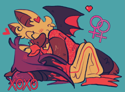 Size: 1031x760 | Tagged: safe, artist:starfall-isle, rouge the bat, wave the swallow, 2020, blue background, blushing, cute, duo, eyes closed, heart, lesbian, lesbian symbol, lying back, lying on them, nose boop, one fang, rougabetes, shipping, simple background, smile, wavabetes, wavouge