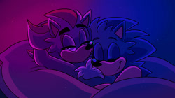 Size: 2048x1144 | Tagged: safe, artist:beastofeuthanasia, shadow the hedgehog, sonic the hedgehog, 2020, bed, bedroom, chest fluff, duo, eyes closed, frown, gay, hands behind head, hugging, lidded eyes, lying down, male, males only, pillow, relaxing, shadow x sonic, shipping, smile