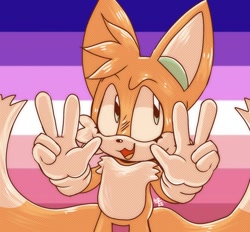 Size: 1164x1080 | Tagged: safe, artist:guiltypandas, miles "tails" prower, 2020, double v sign, eyelashes, icon, lesbian pride, looking offscreen, mouth open, neopronouns pride, pride, pride flag, pride flag background, redraw, signature, smile, solo