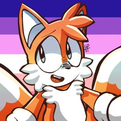 Size: 768x768 | Tagged: safe, artist:guiltypandas, miles "tails" prower, 2021, icon, lesbian pride, looking offscreen, mouth open, neopronouns pride, pride, pride flag, pride flag background, signature, solo, standing