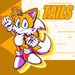 Size: 2200x2200 | Tagged: safe, artist:1cicfish, miles "tails" prower, 2021, abstract background, character name, clenched fists, english text, looking at viewer, male, modern tails, smile, solo
