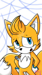 Size: 400x712 | Tagged: safe, artist:yaoiladnak, skye prower, fox, 2017, abstract background, chest fluff, child, deviantart watermark, hands behind back, looking up, male, mouth open, signature, solo, standing