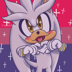 Size: 1280x1280 | Tagged: safe, artist:pintsizedatombomb, silver the hedgehog, 2021, abstract background, bisexual pride, blushing, chest fluff, chibi, cute, headcanon, heart hands, heart tongue, icon, looking up, male, pride flag background, signature, silvabetes, solo, sparkles, standing, wagging tail