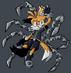 Size: 1876x1928 | Tagged: safe, artist:n1tw1t-sk3tch3s, miles "tails" prower, nine, fox, sonic prime, 2022, arm up, ear fluff, frown, grey background, male, mid-air, nine tails, simple background, solo