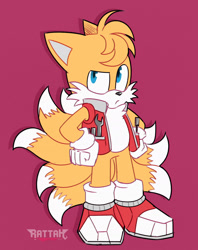 Size: 1600x2025 | Tagged: safe, artist:rattah, miles "tails" prower, fox, sonic prime, 2021, concept art, frown, hands on hips, jacket, kitsune, looking offscreen, male, nine tails, red background, screwdriver, signature, simple background, solo, standing, wrench