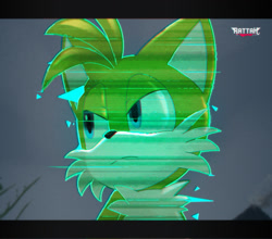 Size: 1600x1410 | Tagged: safe, artist:rattah, miles "tails" prower, fox, sonic frontiers, 2022, abstract background, child, frown, glitch, looking offscreen, male, outdoors, redraw, signature, solo