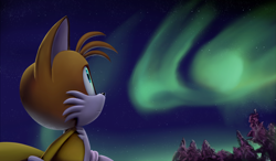 Size: 3000x1750 | Tagged: safe, artist:nervouswreck96, miles "tails" prower, 2020, aurora borealis, frown, looking up, nighttime, outline, solo, star (sky), tree
