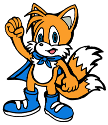 Size: 860x989 | Tagged: safe, artist:vixdojofox, miles "tails" prower, fox, 2021, boots, cape, child, clenched fists, cosplay, flat colors, gloves off, looking at viewer, lucky swiftail, male, mouth open, simple background, solo, transparent background
