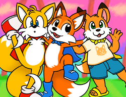 Size: 1304x1000 | Tagged: safe, artist:nishi, miles "tails" prower, fox, 2021, :3, abstract background, arm around shoulders, bosky the fox, cape, crossover, fangs, flat colors, leg up, looking at viewer, lucky swiftail, male, males only, mouth open, outdoors, smile, trio, waving