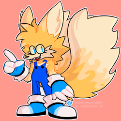 Size: 1280x1280 | Tagged: safe, artist:sonikyuu, miles "tails" prower, arm fluff, blue gloves, blue shoes, ear fluff, fangs, fennec, large ears, large tail, looking at viewer, male, mouth open, overalls, pointing, red background, shoulder fluff, signature, simple background, smile, solo, standing