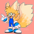 Size: 1280x1280 | Tagged: safe, artist:sonikyuu, miles "tails" prower, arm fluff, blue gloves, blue shoes, clothes, ear fluff, fangs, fennec, large ears, large tail, looking at viewer, male, mouth open, outline, overalls, pointing, red background, shoulder fluff, signature, simple background, smile, solo, standing, white outline