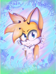 Size: 768x1024 | Tagged: safe, artist:heartlessache, miles "tails" prower, 2018, abstract background, looking at viewer, modern tails, signature, smile, solo
