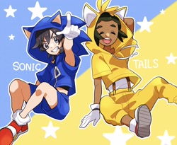 Size: 2048x1678 | Tagged: safe, artist:aria pkmn, miles "tails" prower, sonic the hedgehog, human, character name, cosplay, crossover, duo, elio (pokemon), english text, eyes closed, hau (pokemon), kigurumi, looking at viewer, male, males only, pointing, pokemon, smile, star (symbol)