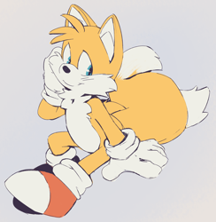 Size: 1200x1228 | Tagged: safe, artist:leosaeta, miles "tails" prower, blushing, flat colors, grey background, hand on ground, hand on own face, looking offscreen, simple background, sitting, smile, solo