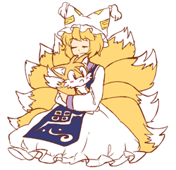 Size: 883x852 | Tagged: dead source, safe, artist:jetopyon, miles "tails" prower, human, adult, blushing, child, crossover, duo, female, frown, hugging, kitsune, male, nine tails, simple background, sitting, white background, yakumo ran