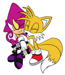Size: 755x869 | Tagged: safe, artist:xxcharlenebrendsxx, espio the chameleon, miles "tails" prower, 2022, adult, child, clenched teeth, cute, duo, eyes closed, flat colors, hug, hugging, looking at them, male, males only, one eye closed, simple background, smile, transparent background