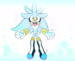 Size: 7596x6196 | Tagged: safe, artist:silvalistic, silver the hedgehog, 2017, abstract background, arms out, heart, male, mid-air, mouth open, signature, smile, solo