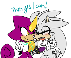 Size: 500x403 | Tagged: safe, artist:ask-silver-the-hedgie, espio the chameleon, silver the hedgehog, ask response, blushing, cute, dialogue, duo, english text, eyelashes, eyes closed, hugging, looking at them, male, males only, simple background, smile, wagging tail, white background