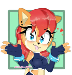Size: 606x630 | Tagged: safe, artist:halern2012, sally acorn, hearts, looking at viewer, ringblader outfit, signature, solo, tongue out