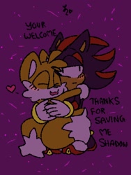 Size: 768x1024 | Tagged: dead source, safe, artist:tailsmybuddy67, miles "tails" prower, shadow the hedgehog, 2023, :3, blushing, cute, duo, english text, frown, gay, heart, hugging, purple background, shadails, shadowbetes, shipping, simple background, smile, standing, tailabetes