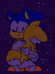 Size: 768x1024 | Tagged: dead source, safe, artist:tailsmybuddy67, miles "tails" prower, sonic the hedgehog, 2023, carrying them, classic sonic, classic tails, cute, dark, duo, gay, looking at them, purple background, shipping, signature, simple background, sleeping, smile, sonabetes, sonic x tails, standing, tailabetes, zzz