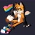 Size: 2048x2048 | Tagged: safe, artist:oocarrotcakeoo, miles "tails" prower, 2022, alternate shoes, claws, fingerless gloves, flag, grey background, holding something, looking at viewer, pansexual, pansexual pride, pride, pride flag, shadow (lighting), simple background, sitting, smile, solo, yellow sclera