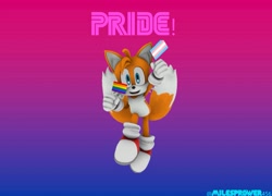 Size: 1477x1063 | Tagged: safe, artist:milesprower456, miles "tails" prower, 31 days sonic, 2022, 3d, bisexual pride, flag, gay pride, gradient background, holding something, looking at viewer, modern tails, mouth open, pride, pride flag, pride flag background, smile, solo, trans pride