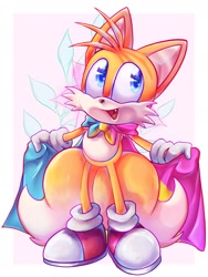Size: 1536x2048 | Tagged: safe, artist:maclove1254, miles "tails" prower, 2022, abstract background, alternate version, border, cape, looking offscreen, pansexual pride, pride, pride flag, smile, solo, standing
