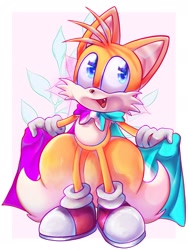 Size: 1536x2048 | Tagged: safe, artist:maclove1254, miles "tails" prower, 2022, abstract background, alternate version, border, cape, looking offscreen, pride, pride flag, smile, solo, standing