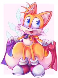 Size: 1536x2048 | Tagged: safe, artist:maclove1254, miles "tails" prower, 2022, abstract background, alternate version, border, cape, gay pride, looking offscreen, pride, pride flag, smile, solo, standing