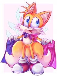 Size: 1536x2048 | Tagged: safe, artist:maclove1254, miles "tails" prower, 2022, abstract background, alternate version, bisexual pride, border, cape, looking offscreen, pride, pride flag, smile, solo, standing
