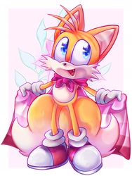 Size: 1536x2048 | Tagged: safe, artist:maclove1254, miles "tails" prower, 2022, abstract background, alternate version, border, cape, lesbian pride, looking offscreen, pride, pride flag, smile, solo, standing