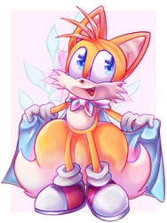 Size: 1536x2048 | Tagged: safe, artist:maclove1254, miles "tails" prower, 2022, abstract background, alternate version, border, cape, looking offscreen, pride, pride flag, smile, solo, standing, trans pride