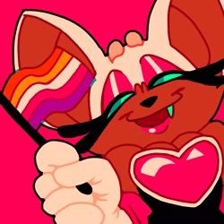Size: 2048x2048 | Tagged: safe, artist:realgarfieldee, rouge the bat, 2022, beanbrows, flag, green sclera, holding something, lesbian, lesbian pride, lidded eyes, looking offscreen, one fang, pink background, pride, pride flag, simple background, smile, solo