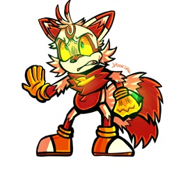 Size: 1378x1378 | Tagged: safe, artist:milezperprower, miles "tails" prower, 2022, alternate eye color, alternate universe, brown fur, chaos emerald, clenched teeth, glowing eyes, green eyes, holding something, kitsune, looking offscreen, male, orange shoes, simple background, solo, standing, white background, white fur, yellow gloves, yellow sclera