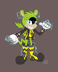 Size: 1257x1556 | Tagged: safe, artist:cyngawolf, surge the tenrec, oc, oc:shock the tenrec, 2023, brown background, clothes, electricity, gender swap, looking at viewer, male, sharp teeth, simple background, smile, solo, standing